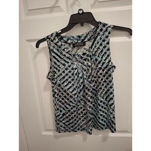 KASPER Small Teal Black Geometric Pleated Sleeveless Timeless Blouse